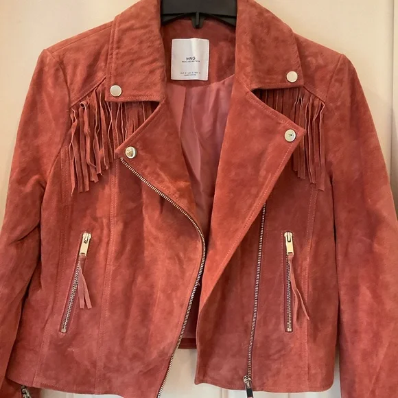 MNG Mango Leather biker fringed jacket with zipper detail, mauve color, Sz M - Picture 4 of 16